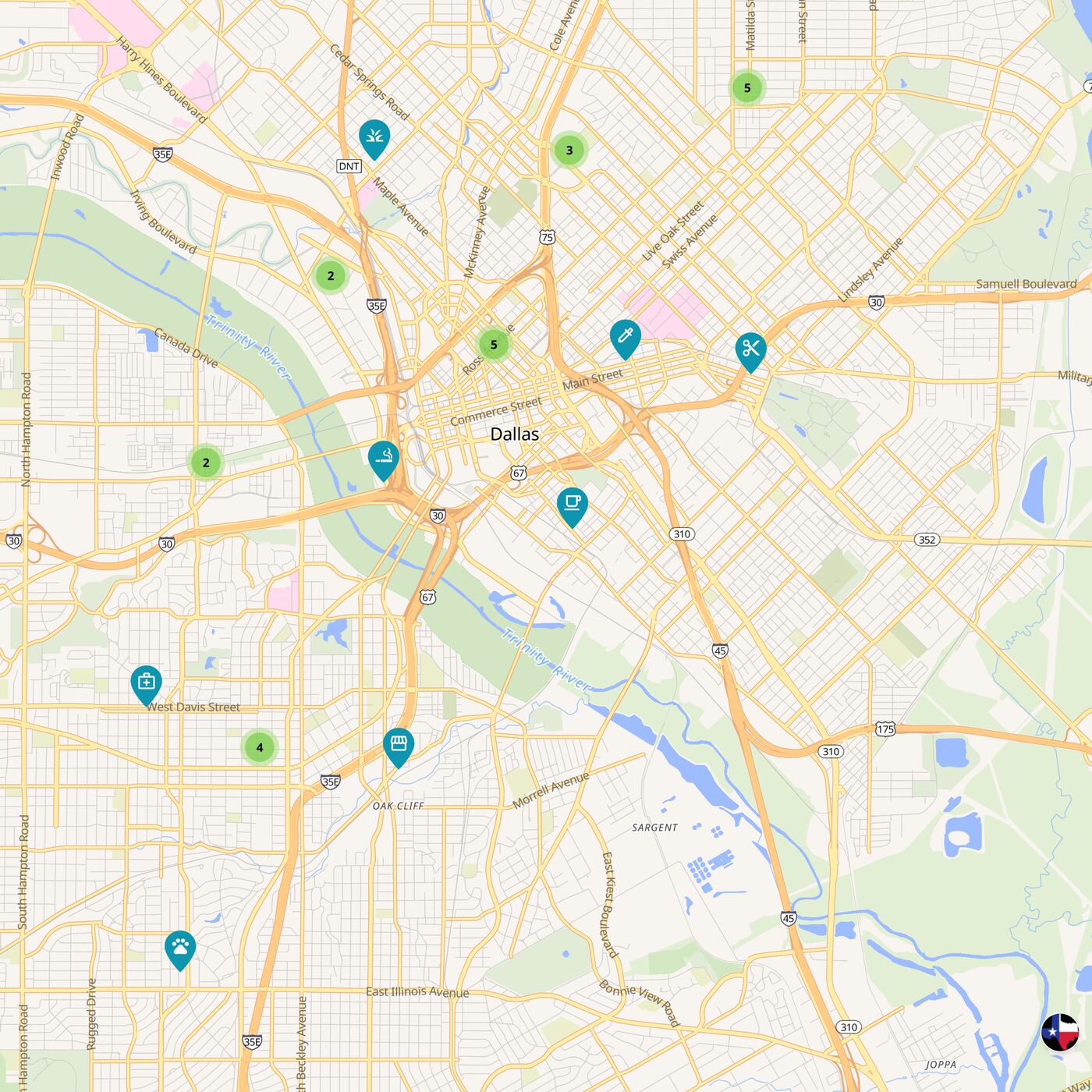 Map of downtown Dallas with pins on businesses that accept bitcoin