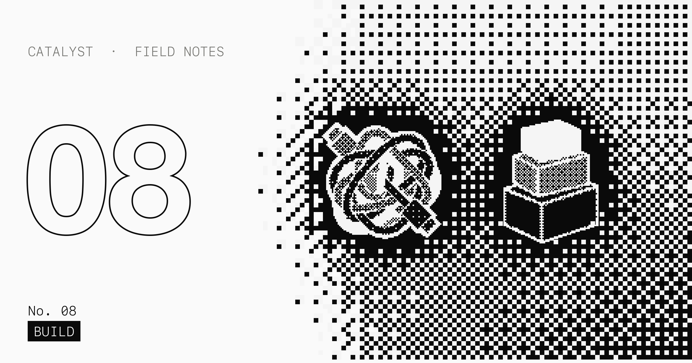 A tangle of cables beside a neat stack of building blocks, in black-and-white pixel art